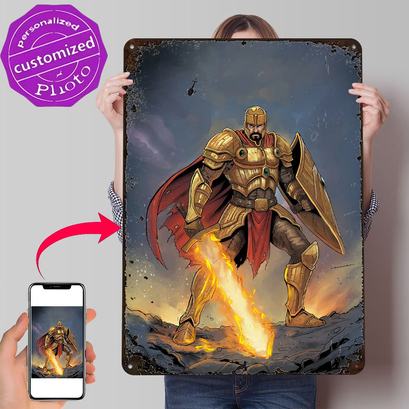 Retro Knight Gaming - Poster Ksatria Emas Dengan Pedang Berapi